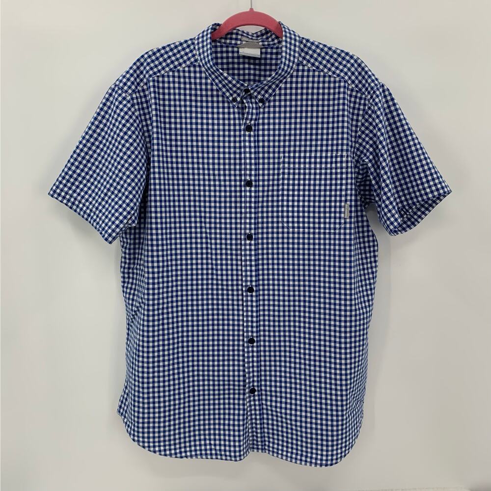Columbia Button Up Shirt Mens XL Blue White Check Short Sleeve 100% Cotton